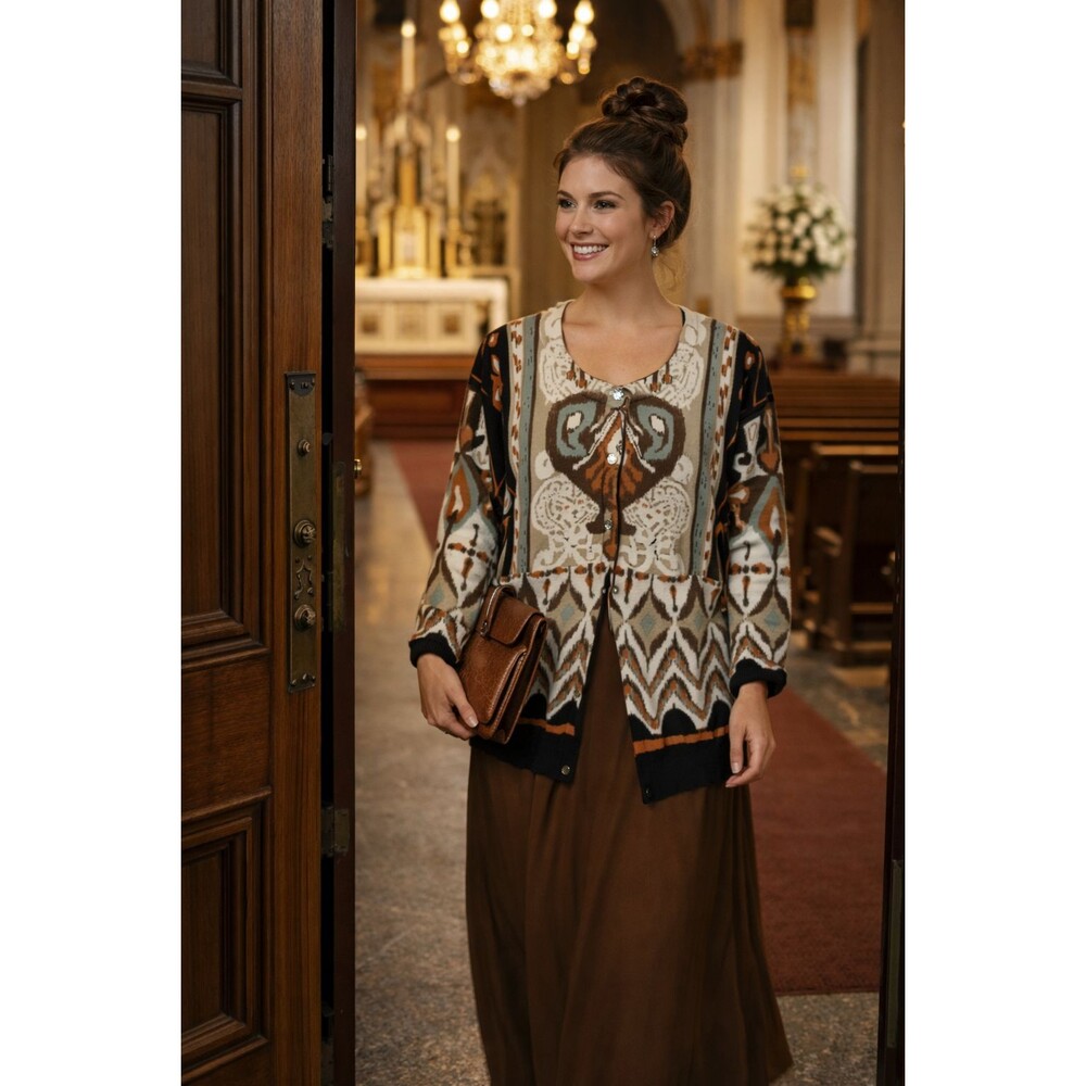Vintage 1990 "WD NY Women" labeled Aztec Navajo print Cardigan Size L 3/4 Sleeve